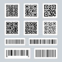 Set of barcodes and QR codes. Code information. Industrial barcodes. Price tag for laser scanning. Sale product information. Vector
