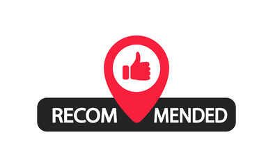 Recommend icon. Banner recommended with thumb up. Red label. Best brend. Emblem. Vector illustration.