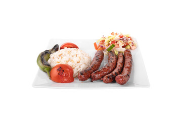 merguez, grilled merguez with vegetables, rice in a porcelain serving plate on white background. 