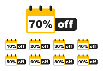 Sale tags set. Discount percent badges. 10, 20, 30, 40, 50, 60, 70, 80, 90 percent off. Percent sale label. Discount offer price for promotion and advertising. Vector