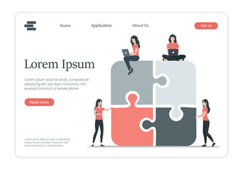 Teamwork landing page concept. People work together. Colored flat vector illustration. Isolated on white background.