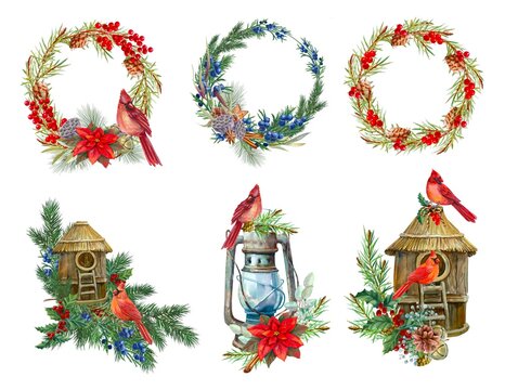 Set of Christmas watercolor compositions and wreaths. Cardinal, red berries, spruce branches, bird, poinsettia, cinnamon, bird houses, bells, lotus bolls, juniper, holly isolated on white