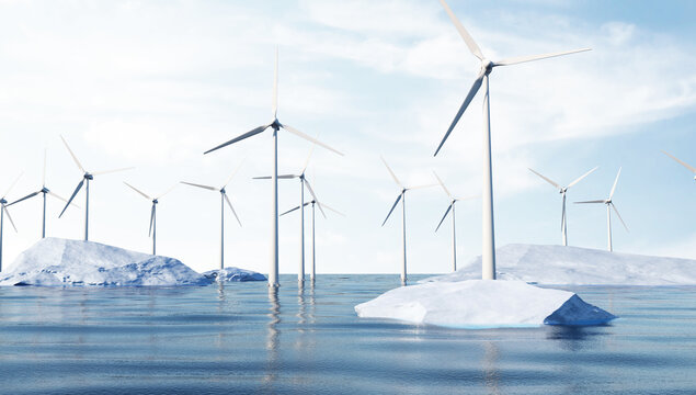 Modern Wind Farm in the middle of the Ocean with Icebergs