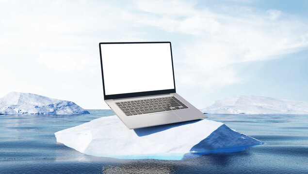 Modern Slim Laptop on Iceberg Landscape in the Ocean.