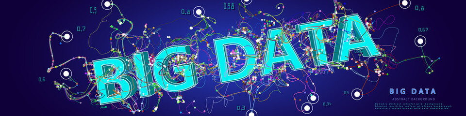 Abstract background with chaotic  lines connecting dots with wireframe big data text . Analytics algorithms data. Quantum cryptography concept. Big data. Banner for business, science and technology.