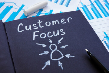 Business charts and customer focus words on the page.
