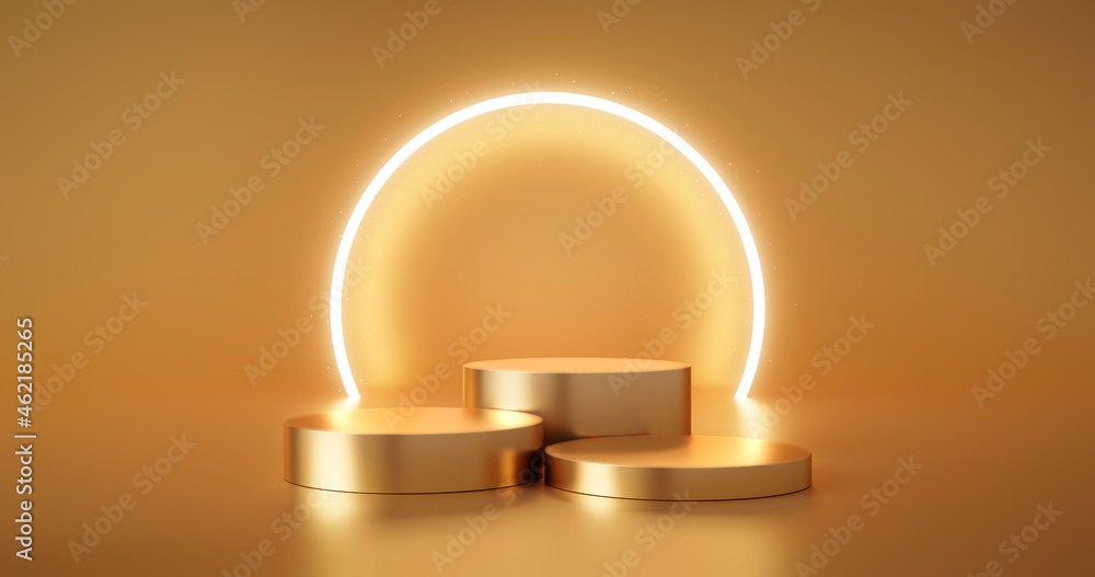 Fototapete Gold podium product advertising stage background platform or empty luxury pedestal exhibition scene and blank template design stand on golden presentation studio display backdrop showcase. 3D render.