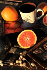 Healthy snack - a still life with oranges and sweet crackers on a table