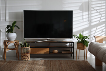 Living room interior with modern TV on stand - obrazy, fototapety, plakaty