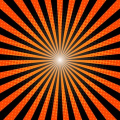 Orange and Black Sunburst Pattern Background. Rays. Sunburst background. Vector illustration. Orange and purple radial Halloween background. Halftone background.