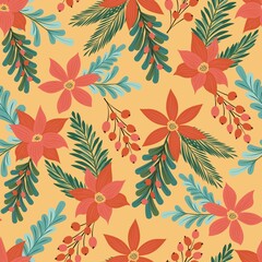 Flowers, leaves, berries and spruce branches. New Years design of fabric, packaging, gift paper. Seamless pattern.
