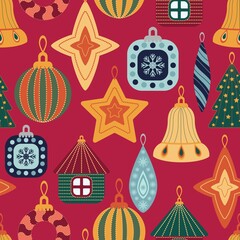 Fototapeta premium Christmas decorations. New Years design of fabric, packaging, gift paper. Seamless pattern.