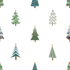 Obraz premium Christmas trees and Christmas tree decorations. New Years design of fabric, packaging, gift paper. Seamless pattern.