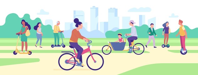People ride transport in park. Dwellers drive eco vehicles. Cycle riders. Men and women moving electric scooters. Summer recreation. Outdoors activity. Urban traffic. Vector concept