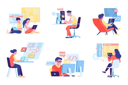Programmers people. Developers at workplace. HTML and PHP coding. IT technologies activity. Apps and websites engineering. Coders works with software programs. Vector engineers set