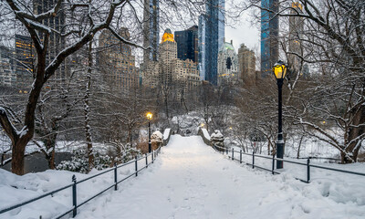 Gapstow Bridge in Central Park na sneeuwstorm