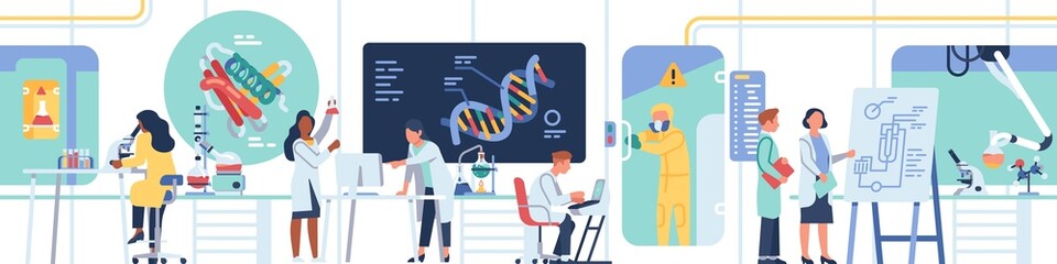 Biologists or chemists laboratory. Technological research center with genetics at work. Scientists study DNA and conduct experiments in lab. Looped panorama. Vector seamless concept - obrazy, fototapety, plakaty