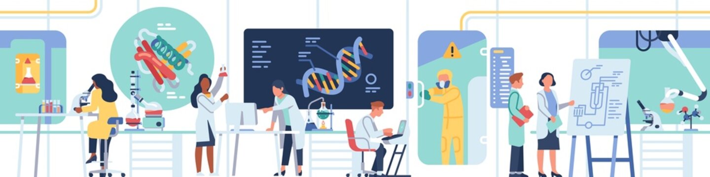 Biologists or chemists laboratory. Technological research center with genetics at work. Scientists study DNA and conduct experiments in lab. Looped panorama. Vector seamless concept