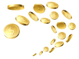 Flying golden coins. Realistic gold money, flow dollar cents, winning casino jackpot, cash yellow money, business profit, investment income, isolated on white background vector 3d concept