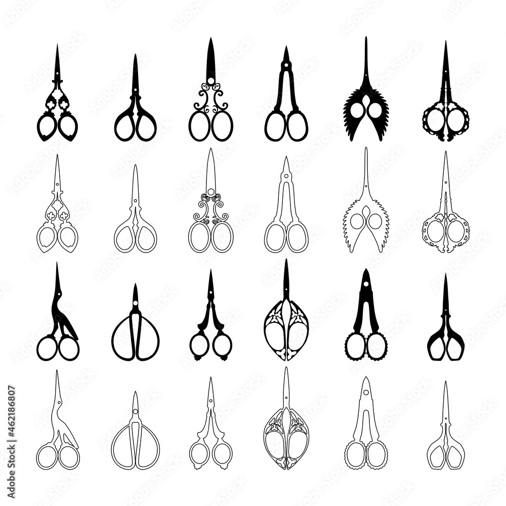 Wall mural Set of scissors icons. Silhouettes and outlines of vintage and curly scissors for needlework and collecting. Vector illustration isolated on a white background for design and web.