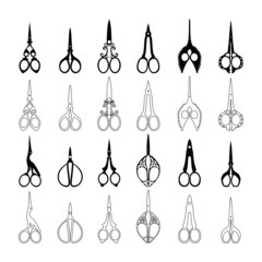 Set of scissors icons. Silhouettes and outlines of vintage and curly scissors for needlework and collecting. Vector illustration isolated on a white background for design and web. - obrazy, fototapety, plakaty