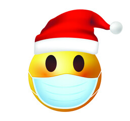 High quality emoticon on white background.  Santa Claus emoticon with medical mask. Mask emoji vector illustration. Trending emoticon. Santa with medical mask.
