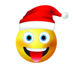 High quality emoticon vector on white background. Santa Claus emoji. Yellow face teasing tongue emoji. Trending emoticon. Xmas emoticon.