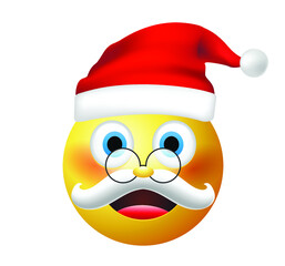 High quality emoticon vector on white background. Santa Claus emoji. Yellow face smiling emoji. Trending emoticon. Xmas emoticon.
