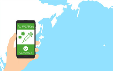 コロナワクチン接種証明アプリワクチンパスポートと世界地図のクローズアップ