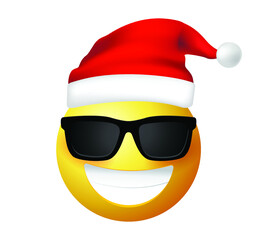 High quality emoticon with sunglasses. Santa Claus Emoji vector. Smiling Face with Sunglasses vector. Yellow face with broad smile wearing black sunglasses. Sunglasses emoji.