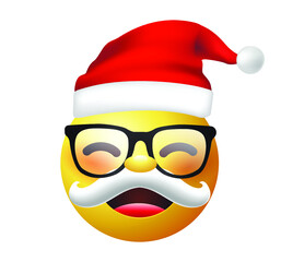 High quality emoticon vector on white background. Santa Claus emoji. Yellow face smiling emoji. Trending emoticon. Xmas emoticon.