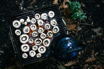Cooking mushrooms at bonfire in campsite