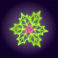 Christmass Holly Berry. Neon illustration on dark brick wall background