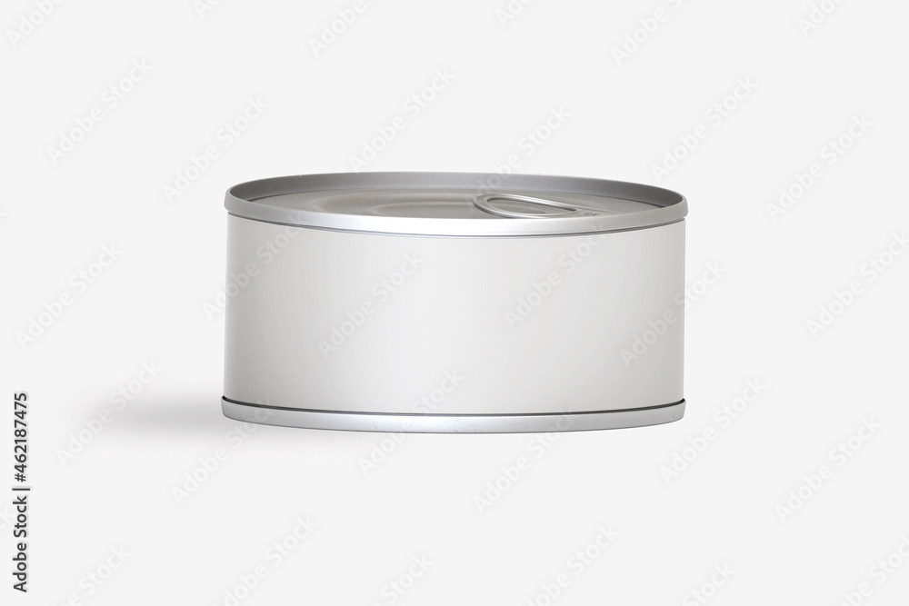 Aufkleber empty blank tin can mock isolated on a grey background. pets meal tin can. 3d rendering.