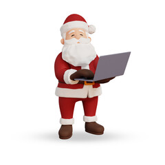 3d render christmas concept illustration santa working on a laptop