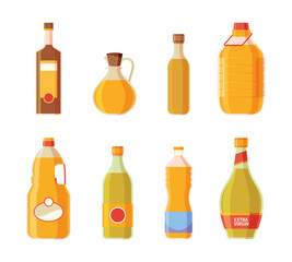 Oil bottles. Yellow ingredients for preparing food cooking products garish vector oil illustrations
