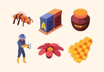 Apiary isometric. Honey farm and accessories flowers bees keeping customers honeycomb garish vector 3d illustrations set