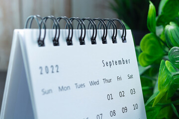 Blurred white September 2022 calendar with potted plant. New Year Concept