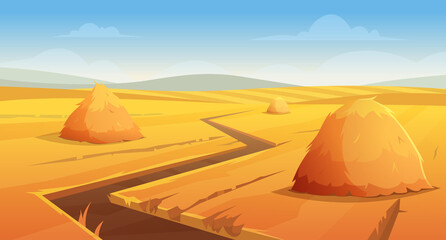 Haystack background. Rural village landscape farm wheat field with round and square stack on horizon exact vector illustration