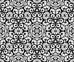 Floral ornate decor seamless pattern. Vintage floral damask ornament. Black and white. Vector illustration. For fabric, tile, wallpaper or packaging.