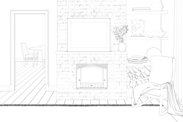 Sketch of the room with a horizontal poster next to flowers in a vase above the fireplace, decor on shelves in a niche, a rocking chair with a blanket, a doorway overlooking the dining room. 3d render