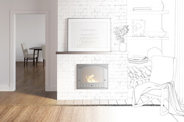 A sketch becomes a real room with a horizontal poster next to flowers in a vase above the fireplace, decor on shelves in a niche, a chair with plaid, a doorway overlooking the dining room. 3d render