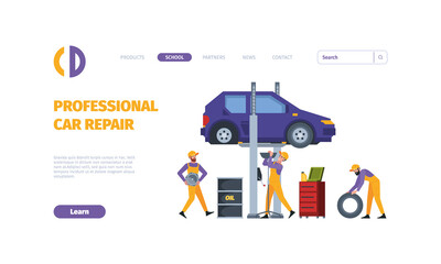 Auto service landing. Mechanic workers repairing processes service center changing wheels garish vector business web page template