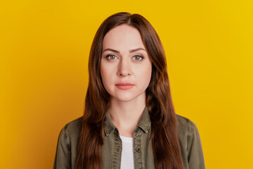 Obraz premium Portrait of dream charming adorable girl look camera on yellow background