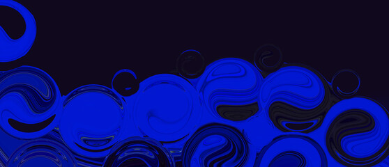 Glowing neon fantastic blue balls on bluish black background. Futuristic fantasy art wallpaper with digital bubbles. Innovation modern technology backdrop. Scientific research. Abstract galaxy banner.