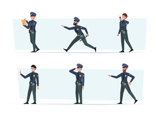 Fototapeta premium Police officers. Murders and police workers with professional stuff weapons in hands robbery garish vector flat characters