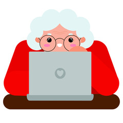 Happy old woman with laptop, vector illustration. 
