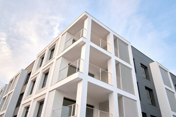 Fragment of modern residential apartment with exterior flat buildings. Detail of the new luxury house and residential complex.