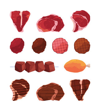 Fried steak. Restaurant kitchen fired meat fresh beef sausages pork steaks garish vector flat pictures collection