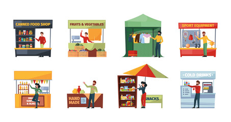 Street sellers. Outdoor marketplace urban vendors for fast product shopping cash store garish vector sellers flat illustrations